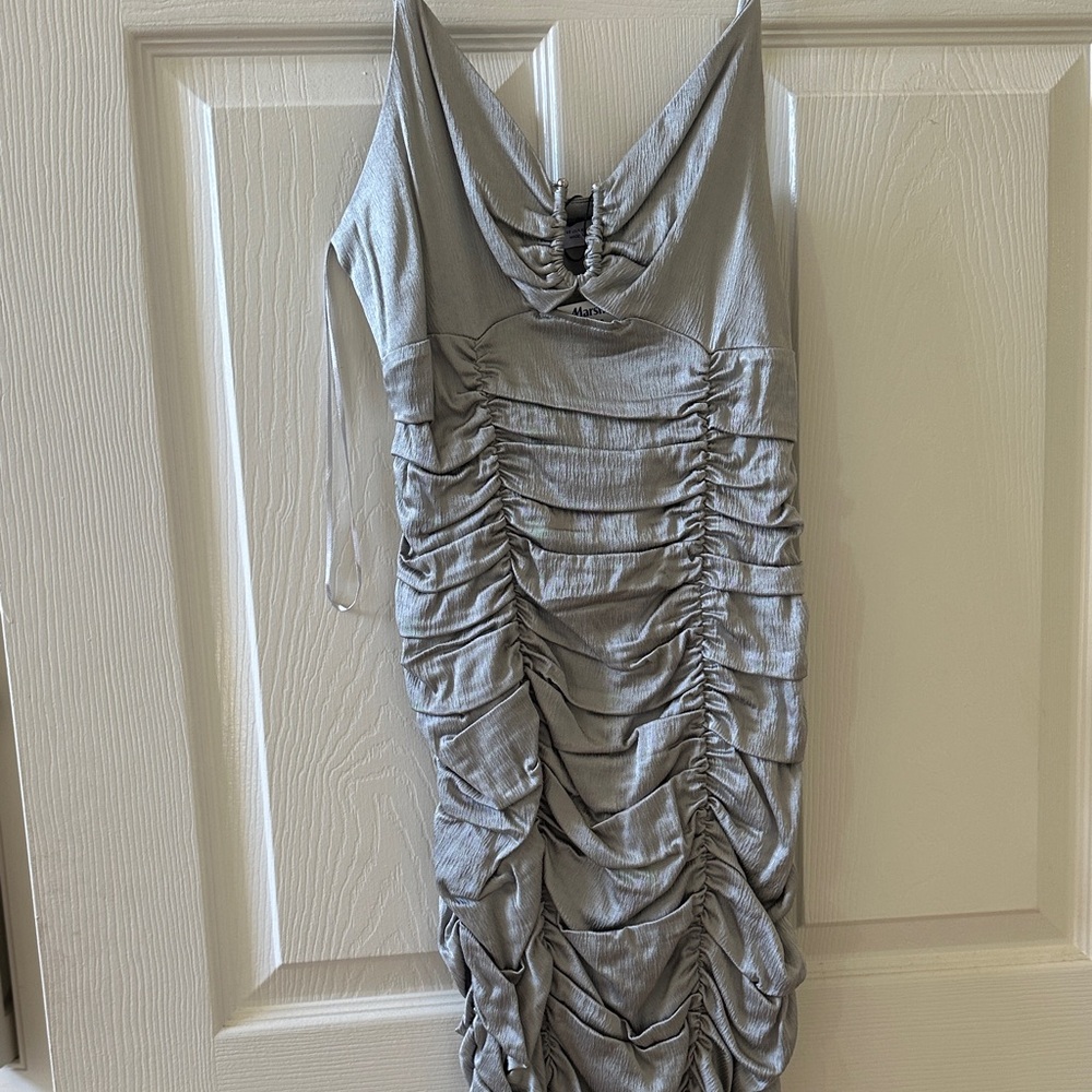 ZARA Silver Ruched Slip Dress with Spaghetti Straps